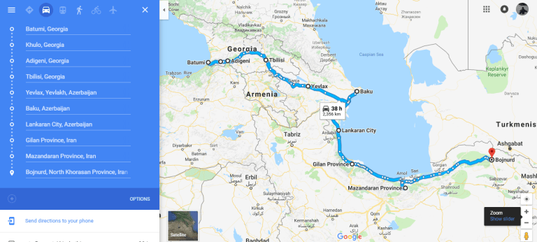 Ruta Batumi(Georgia)-Bojnurd(Irán)